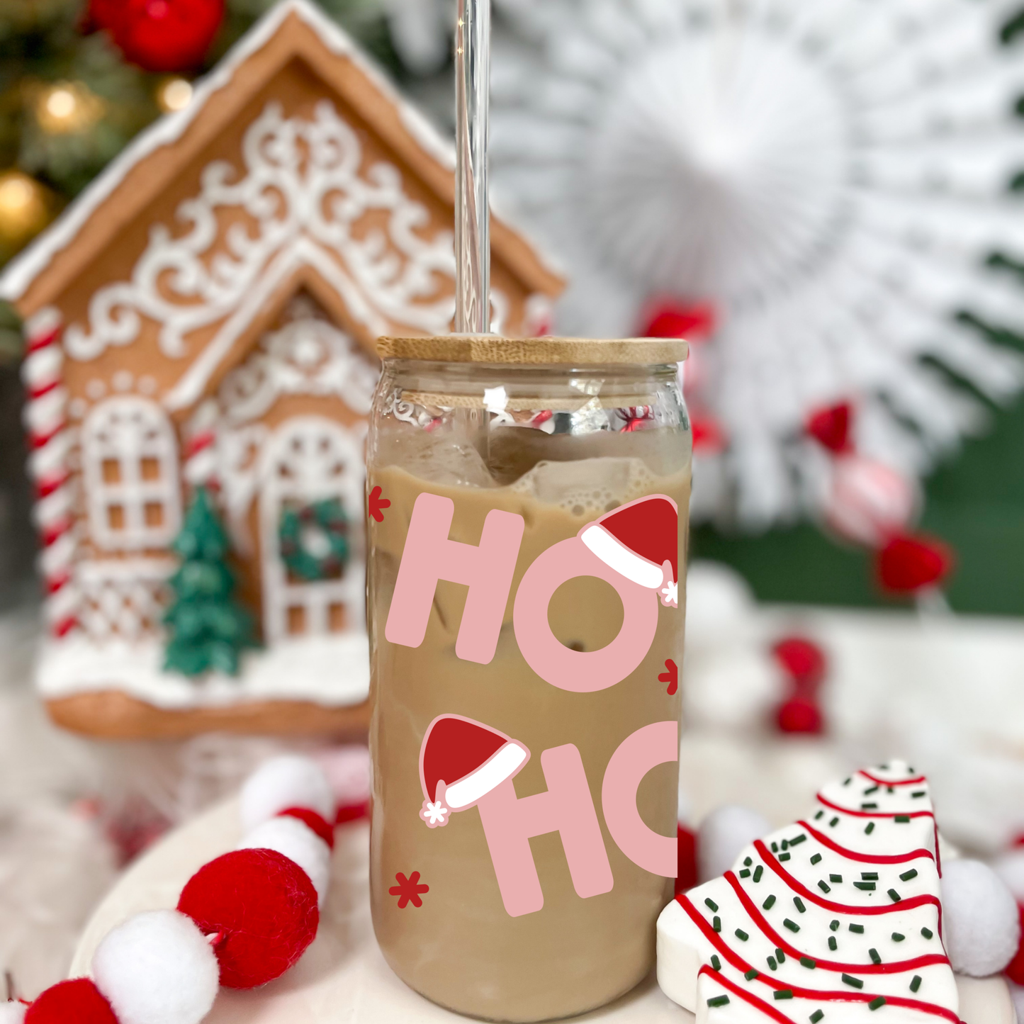 “HO HO HO’' 16/20 oz Glass Can